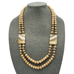 Vintage Necklace Wooden Beaded Ceramic Tile 30 Inches